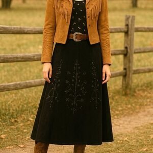 Black Faux Suede A-line Embroidered Beads Midi Skirt Sz 14W Western Bohemian